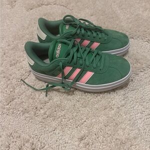Adidas Gazelle Platform Green Sneakers with Pink Stripes